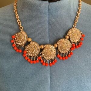 NWT Orange Rhinestone Gold Beaded Statement Necklace